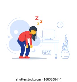 Sleepy woman, sleep deprived, boring work, tired with tasks, lack of energy, feeling weak, vector flat illustration