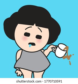 Sleepy Woman Spilling Coffee On Floor Concept Card Character illustration