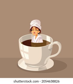 Sleepy Woman Swimming in Coffee Vector Cartoon Illustration. Young female addicted to caffeine unable to function in the morning
