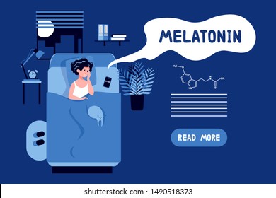 Sleepy woman trying to fall asleep. Stress, depression, nightmares. Tired face. Sleeplessness concept. Flat vector illustration. Melatonin landing page template and formula.