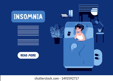 Sleepy woman trying to fall asleep. Stress, depression, disorder, nightmares. Tired face.Biological rhythms disturbance. Sleeplessness concept. Flat vector illustration. Insomnia landing page template