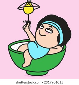 Sleepy Woman Is Turning Off The Light While Lying In An Empty Rice Bowl After Eating A Meal Concept Card Character illustration