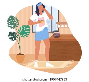 Sleepy woman waking up in the morning, flat vector illustration. Tired and sad girl with cup of coffee.