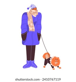 Sleepy woman walking dog in cute coat. People in winter outfit stroll puppy outdoors. Walker in sleeping cap leads pet on leash. Pup owners morning routine. Flat isolated vector illustration on white