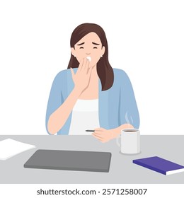 Sleepy Woman at Work with Coffee and Laptop. Flat vector illustration isolated on white background