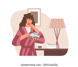 Sleepy woman yawning and drinking strong tea early in morning at home. Hard wakening of drowsy tired person. Female's drowsiness and sleepiness. Flat vector illustration isolated on white background