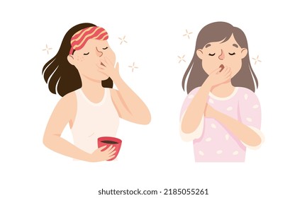 Sleepy Woman Yawning Feeling Need for Sleep Vector Illustration Set