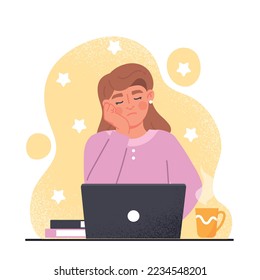 Sleepy work concept. Woman at laptop in workplace. Grl with hot drink, coffee or tea. Fatigue, overworked employee. Poor time management and inefficient workflow. Cartoon flat vector illustration
