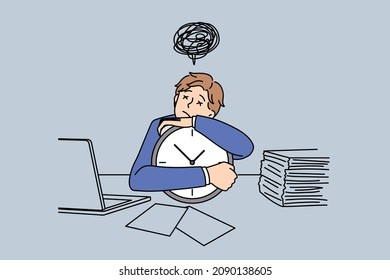 Sleepy worker and tiredness concept. Young man office worker sitting at laptop and papers embracing clock feeling sleepy having dreams sleeping vector illustration 