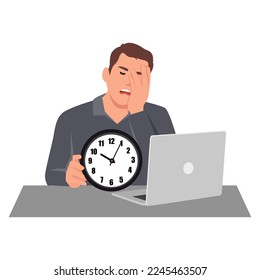 Sleepy worker and tiredness concept. Young man office worker sitting at laptop. Flat vector illustration isolated on white background
