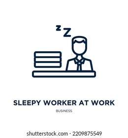 sleepy worker at work icon from business collection. Thin linear sleepy worker at work, worker, sleepy outline icon isolated on white background. Line vector sleepy worker at work sign, symbol for web