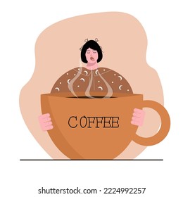 A sleepy yawning disheveled woman in pajamas holds a huge mug of coffee in her hands. Vector illustration