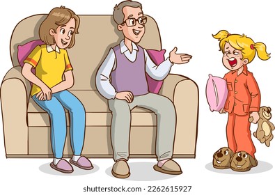 sleepy yawning kids and parents cartoon vector