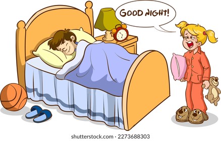 sleepy yawning kids and parents good night cartoon vector