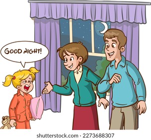 sleepy yawning kids and parents good night cartoon vector