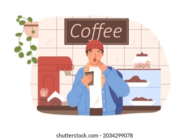 Sleepy yawning man with takeaway coffee cup on early morning. Drowsy person waking with coffe in coffeehouse. Drowsiness and sleepiness concept. Flat vector illustration isolated on white background