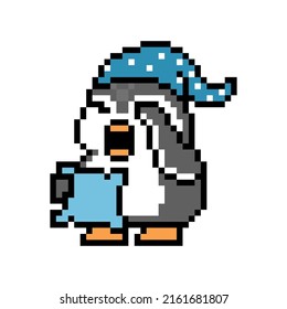 Sleepy yawning penguin in a nightcap carrying a pillow and rubbing his eye, cartoon pixel art animal character on white background. Old school retro 80's-90's 8 bit slot machine, video game graphics. 