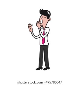 Sleepy young businessman yawning cartoon drawing