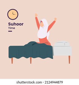 Sleepy young girl Wake Up And Get Ready For Suhoor Party, Pre Dawn Meal Called Suhoor And Iftar Party. Colored flat cartoon vector illustration.