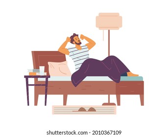 Sleepy young man wake up and stretching in bed at morning. Male character sits up in bed and begin of daily routine. Flat cartoon vector illustration isolated on white.