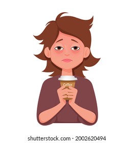 Sleepy Young woman holding cup of coffee. Vector illustration isolated on white background