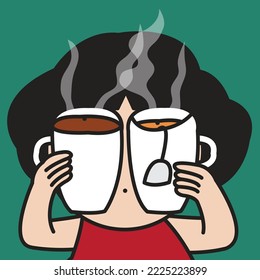 Sleepy Young Woman Holding Cup Of Tea And Coffee Over Eyes. Caffeine Helping Keep You Awake Concept Card Character illustration