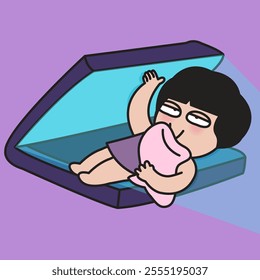 Sleepy Young Woman is lying down On Laptop Concept Cartoon Character illustration