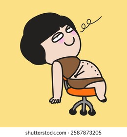 Sleepy Young Woman Lying On Chair With Her Belly Bloat Clock Concept Cartoon Character illustration