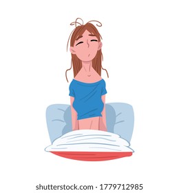 Sleepy Young Woman Sitting in her Bed after Waking Up, People Activity Daily Routine Cartoon Style Vector Illustration on White Background