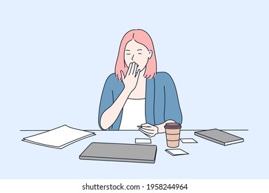 A Sleepy Young Woman At Work With A Cluttered Desk. Hand Drawn Style Vector Design Illustrations.