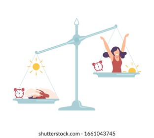 Sleepyhead Girl on One Side of Scales, Early Riser Girl on the Other, Bad and Good Habits, Choosing Between Healthy and Unhealthy Lifestyle Flat Vector Illustration