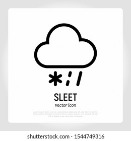 Sleet icon: snowflakes and rain falling from cloud. Weather symbol in flat style. Modern vector illustration. 