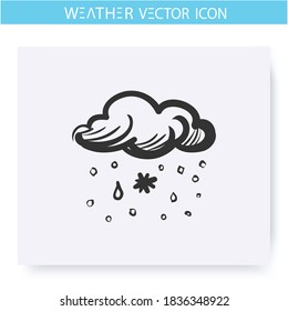Sleet snow icon. Hand drawn sketch. Snow with rain. Snowy weather. Cloud with raindrops and flakes. Black ice. Glaze frost. Weather forecast concept. Meteorology sign. Isolated vector illustration 