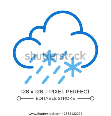 Sleet two color line icon. Mixed precipitation, including rain and snowflakes. Weather at day and night bicolor outline symbol. Duotone linear pictogram. Isolated illustration. Editable stroke