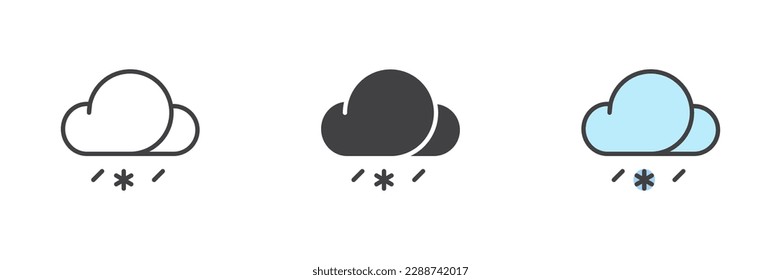 Ajuste de iconos de estilos diferentes para el tiempo de la aguja. Línea, glifo y contorno relleno versión colorida, nube con contorno de nieve de lluvia y signo vectorial relleno. Símbolo, ilustración del logotipo. Gráficos vectoriales