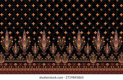El diseño de la manga presenta un fondo negro con un intrincado patrón étnico tradicional en tonos naranja, rojo y dorado. El diseño incluye motivos geométricos repetitivos en la parte superior que se transforman en motivos estilizados de estilo de bordado floral dispuestos en paneles de Vertical a lo largo de la sección inferior, terminados con un borde decorativo en el borde inferior.