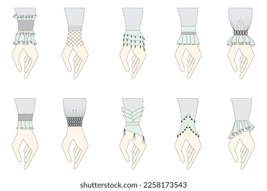 Sleeve design flat sketch, Sleeve design set illustration, Cuff design set vector.