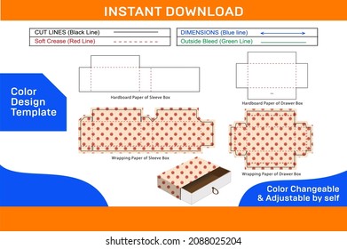 Sleeve drawer box dieline template and 3D box design coloe changeable and editable Color Design Template