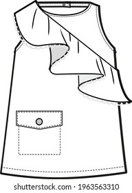 Sleeve less drill dress flat sketch illustration