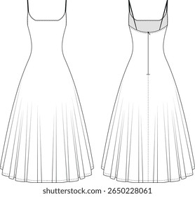 sleeveles strappy strapped spaghetti straps u neck scoop neck fit flared backless a line long maxi dress gown template technical drawing flat sketch cad mockup fashion woman design style model 
