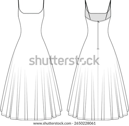 sleeveles strappy strapped spaghetti straps u neck scoop neck fit flared backless a line long maxi dress gown template technical drawing flat sketch cad mockup fashion woman design style model 