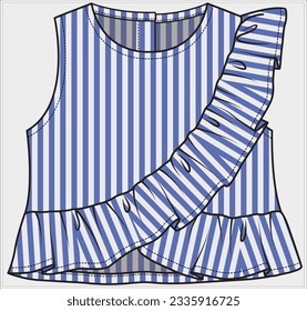 SLEEVELESS ASYMETTRIC WIDE FRILL DETAIL WOVEN TOP IN STRIPER SEER SUCKER FABRIC DESIGNED FOR WOMEN TEEN GIRLS AND KID GIRLS IN VECTOR FILE