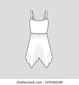 Sleeveless Asymmetrical Hem Ruffles Tunic Top Waist Gathering Fashion Clothing Cad  Flat Sketch Template Drawing