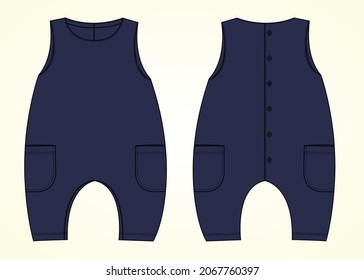 Sleeveless baby romper Overall technical fashion flat sketch drawing vector illustration template front and back view. Apparel Clothes design Navy color Mock up for baby girl. Kids Dress Design