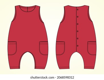 Sleeveless baby romper Overall technical fashion flat sketch drawing vector illustration template front and back view. Apparel Clothes design Red color Mock up for baby girl. Kids Dress Design