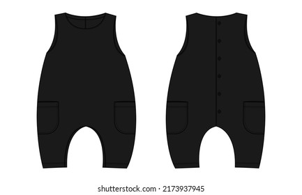 Sleeveless baby romper Overall technical fashion flat sketch drawing vector illustration template front and back view. Apparel Clothes design black color Mock up for baby girl. Kids Dress Design