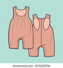 Sleeveless Baby Romper Overall: Technical Fashion Flat Sketch Drawing Vector Illustration Template for Baby Girls. Explore Front and Back Views in Yellow, Perfect for Apparel Design Mockups