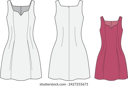 Vestido sin mangas de la cremallera trasera de las mujeres con la rendija lateral, ajuste del cuerpo, vestido sin mangas de la cremallera trasera con la rendija lateral, ilustración vectorial de la moda de la vista delantera y trasera, CAD, dibujo técnico, dibujo plano.