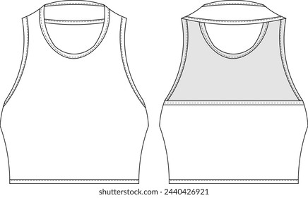 sleeveless backless cropped crop halter top blouse template technical drawing flat sketch cad mockup fashion woman design style model 