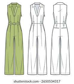 Sleeveless belted Jumpsuit technical fashion illustration. Wide Leg Jumpsuit fashion flat technical drawing template, v neck, pockets, side zipper, front, back view, white, green, women CAD mockup set